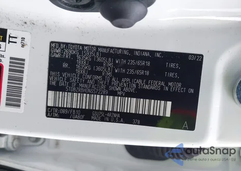 2022 Toyota Highlander Le z USA, uszkodzony, nr VIN 5TDBZRBH0NS572289